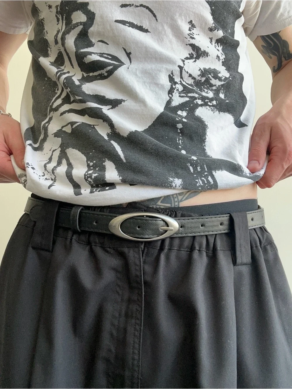 Classic Black Leather Belt with Oval Silver Buckle